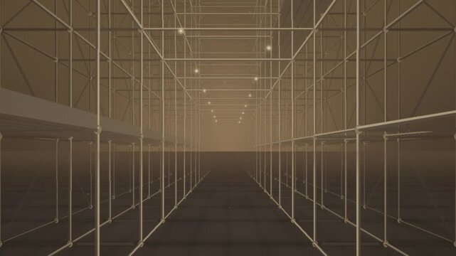 Construction Scaffolding Steel Pipe Frame Grid Corridor Perspective Industrial Building Site Background Seamless Loop in rich amber tones