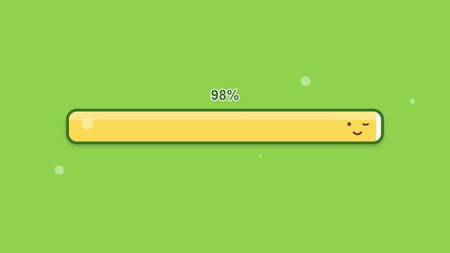 Cute cartoon loading bar animation with smiley face on green background.