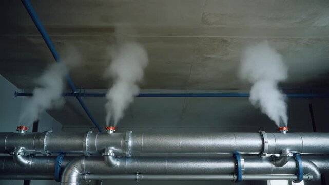 Steam Rising From Valves on Overhead Heating Pipes in a Plant Room