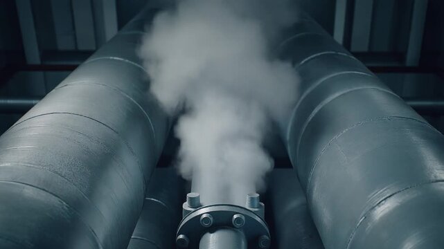 Steam Escaping From a Pipe Joint in an Industrial Boiler Room