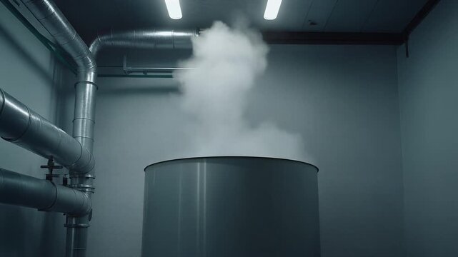 Steam Rising From a Large Hot Water Storage Tank in a Boiler Room