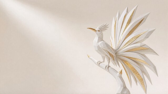 White marble bird of paradise in dramatic display with plumed tail feathers sculpture for Papua New Guinea Independence Day with gold leaf on ivory 3D render
