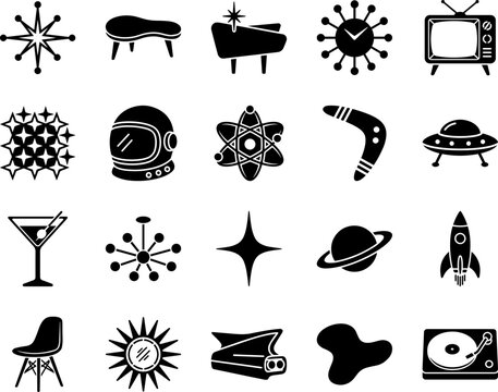 Mid Century Modern Retro Vector Icons Set: Atomic 1950s Space Age Pictograms, Googie Starbursts, Vintage Furniture, Rocket & Sci-Fi Solid Black Silhouette Pack