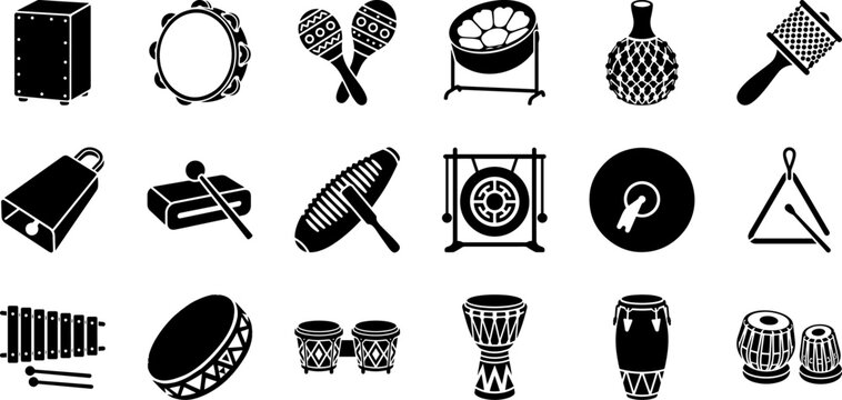 Percussion Musical Instruments Vector Solid Black Pictograms Icon Set Including Drums, Tambourine, Maracas, Gong, Bongo, and Conga for Sound Design