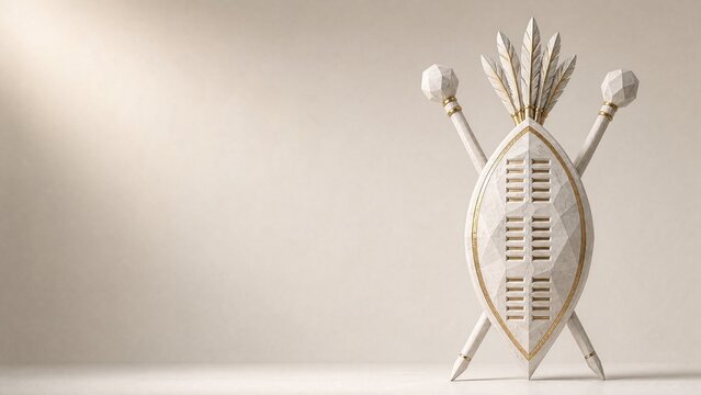 White marble traditional Nguni oval hide shield crossed with knobkerrie spears and feathered plume sculpture for Eswatini Independence Day with gold leaf on ivory 3D render