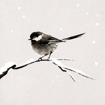 Sumi-e ink wash small bird on a snowy branch / Japanese ink art


