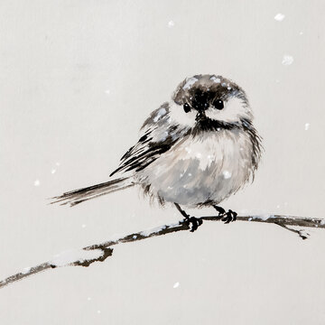 Sumi-e ink wash small bird on a snowy branch / Japanese ink art

