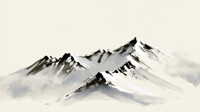 Sumi-e ink wash snow covered mountain ridge / Japanese ink landscape

