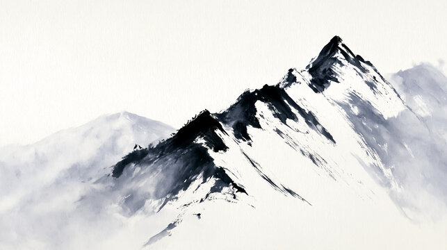 Sumi-e ink wash snow covered mountain ridge / Japanese ink landscape

