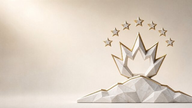 White marble stylized open crown beneath arc of seven stars above curved mountain silhouette sculpture for Tajikistan Independence Day with gold leaf inlay on ivory 3D render