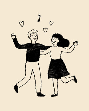 Hand Drawn Happy Dancing Couple with Hearts and Music Note in Simple Sketch Style