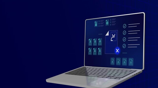 Open laptop computer displaying futuristic blue human resources recruitment dashboard and candidate checks.