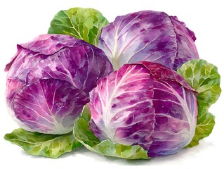 Obraz premium Watercolor painting of three heads of red cabbage with green leaves on a white background