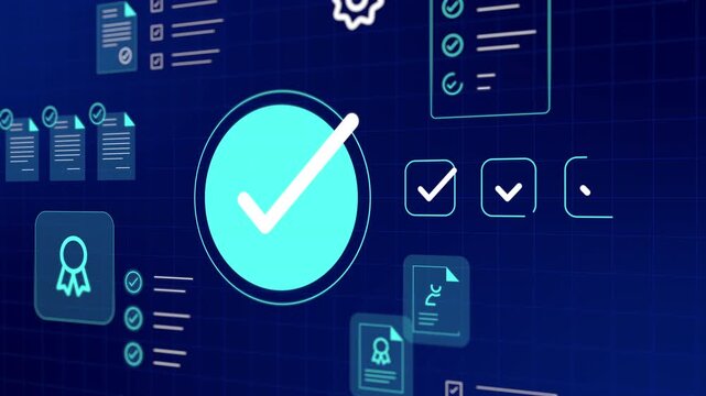 Perspective view of digital compliance dashboard tracking quality assurance checkmarks and certified files.