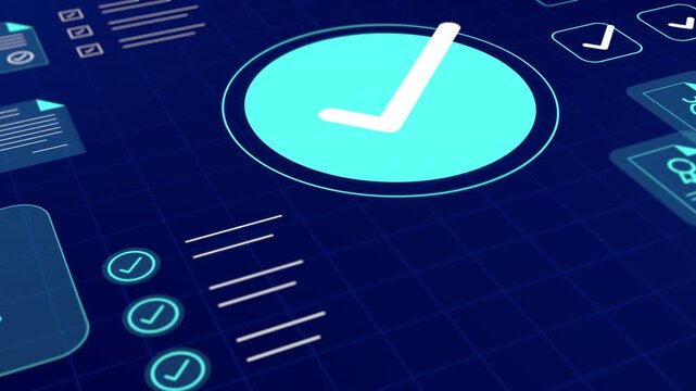 Close perspective view of digital interface featuring glowing approval checkmark and certified document lists.