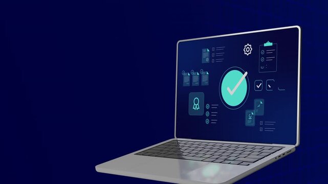 Open laptop displaying futuristic blue interface for document verification, certified badges, and compliance checkmarks.