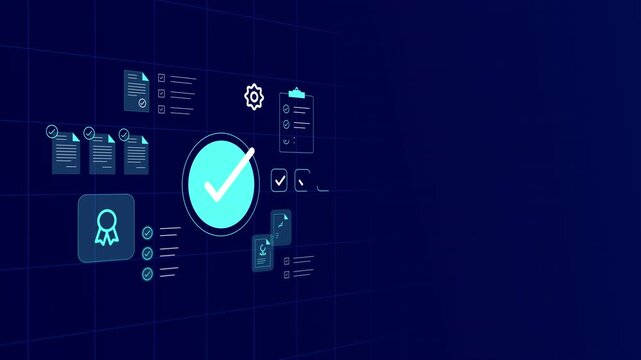 Isometric perspective of blue verification interface displaying certified checkmark, task lists, and certificates.