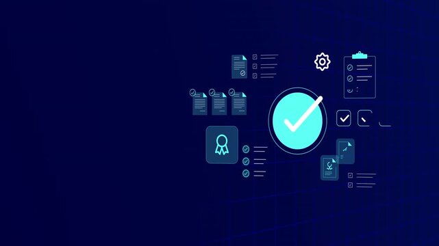 Perspective view of dark blue digital compliance dashboard tracking quality assurance checkmarks and certified files.