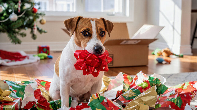 Cute Jack Russell Terrier dog sitting among torn Christmas wrapping paper while holding bright red gift bow in mouth. Playful pet causing mess after opening holiday present at home interior