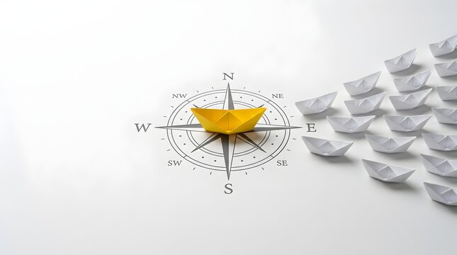 Leadership concept with yellow paper boat leading white boats on compass rose background