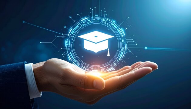 Digital education concept featuring a glowing graduation icon surrounded by futuristic circuits above an open hand, symbolizing online learning, academic achievement, innovation, and technology.
