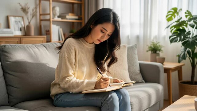 Focused Reflection: A young woman sits on a comfortable sofa, diligently writing in a notebook, bathed in natural light streaming from a window, embodying concentration and introspection.