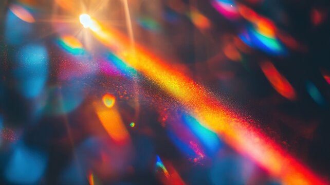 Close-up of colorful rainbow light refraction and diffraction on a reflective surface, creating vibrant abstract patterns and bokeh effects