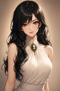 Anime-style digital illustration of a young woman with long black hair, wearing an elegant white dress with a brooch, detailed and realistic character art