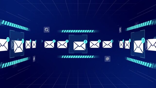 Virtual grid room filled with floating blue security panels tracking spam email warning alerts.