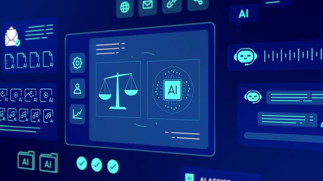 Perspective view of high tech interface visualizing AI governance, balance scale of justice, and automated agents.