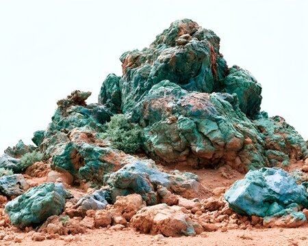 Turquoise and ochre rock formations in a desert landscape under a white sky