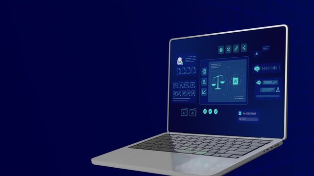 Open laptop computer showing futuristic blue interface for artificial intelligence ethics, legal scales, and chatbot tools.