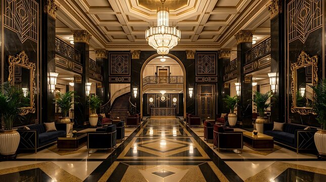 Luxurious 1920s Art Deco hotel lobby with gold lines and black marble