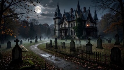 Obraz premium old mansion Haunted Victorian Estate in a Moonlit Halloween Night