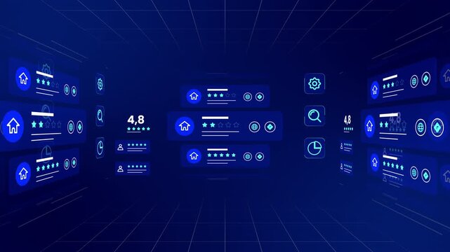 Virtual grid room displaying floating blue hospitality review panels, star ratings, and destination icons.