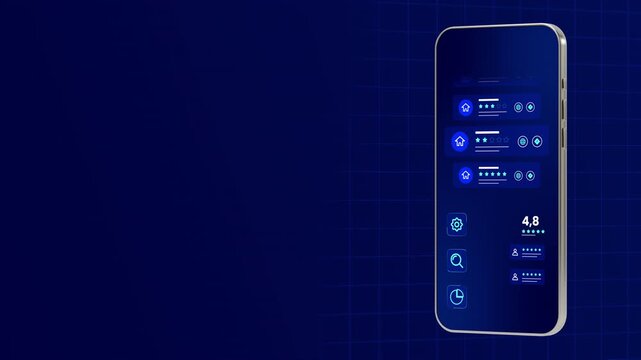 Standing smartphone interface displaying hotel star review metrics, customer rating scores, and destination icons.