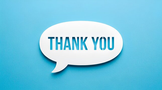 Thank you message in white speech bubble on blue background.