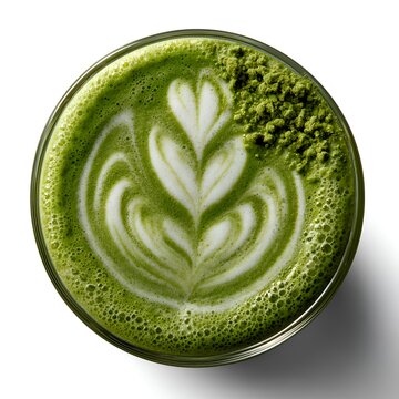 Top view of a vibrant green matcha latte with intricate white foam art and a sprinkle of matcha powder