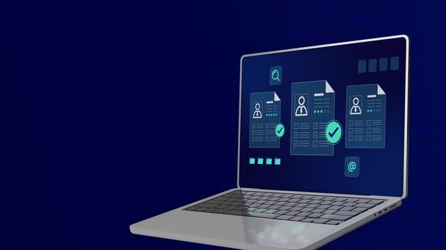 Open laptop computer displaying futuristic blue human resources recruitment dashboard and candidate checks.