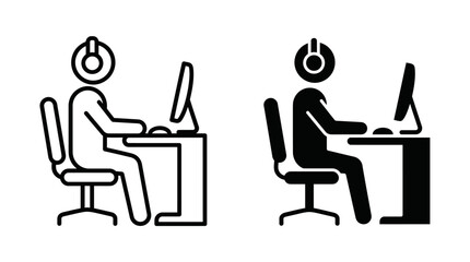 Fototapeta premium Set of simple vector icons showing a person working at a computer desk with headphones.