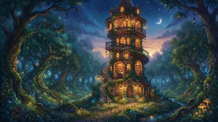 Fototapeta premium Enchanted Mystical Forest Tower Glowing Under the Moonlight in a Magical Fairytale Landscape