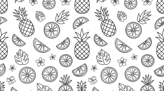 Minimalist Line Art Tropical Fruit Pattern Featuring Outline Pineapples and Citrus Slices for Modern Summer Fabric Design tropical pineapple citrus pattern seamless minimal line art fruit summer