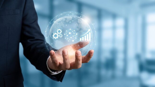 Businessman holding virtual globe with business icons for global management and technology
