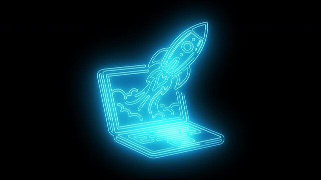 Futuristic neon blue rocket launching out from laptop screen symbolizing online business startup project release and rapid growth