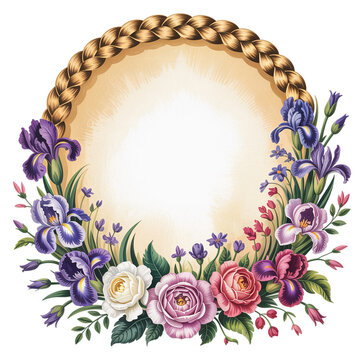 Vintage floral wreath frame with braided border, elegant iris and rose flower circle, botanical illustration for wedding invitations