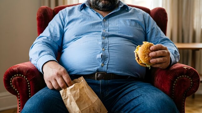 Overweight Man Eating Burger on Armchair, Unhealthy Lifestyle and Obesity Concept