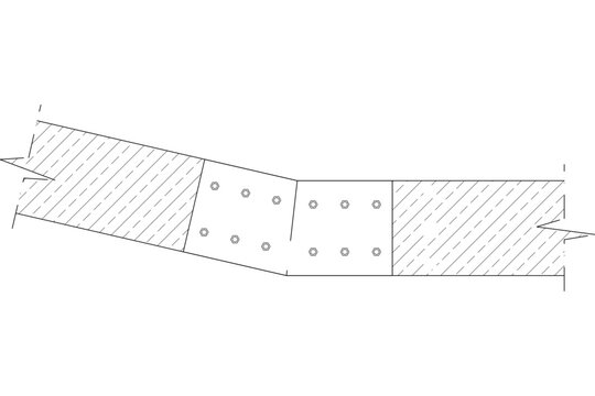 Technical structural engineering drawing showing a cross-section detail of a sloped structural beam or timber connection splice with bolted joint plates.