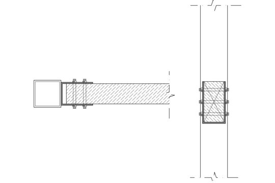 Technical CAD detail of a structural steel connection showing plan and elevation views of a hollow rectangular tube secured with a bolted flange plate assembly.