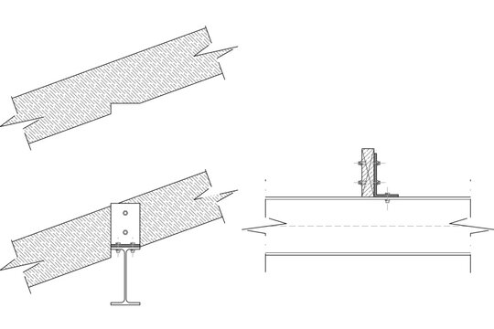 Technical CAD details of structural framing showing angled beam connections with steel plates, bolts, and a vertical column support assembly.