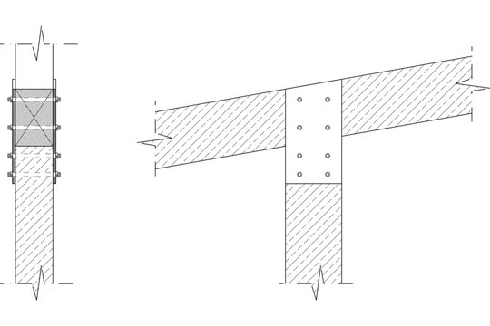 Technical CAD details of structural steel connections, showing a column-beam splice with bolts and a T-junction assembly with flange plates.